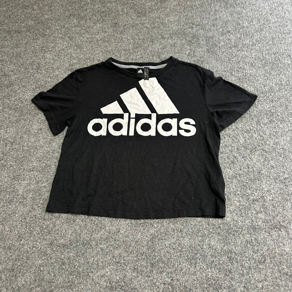 Adidas T-Shirt Womens Size S Black Viscose Blend Cropped Logo Graphic Athletic